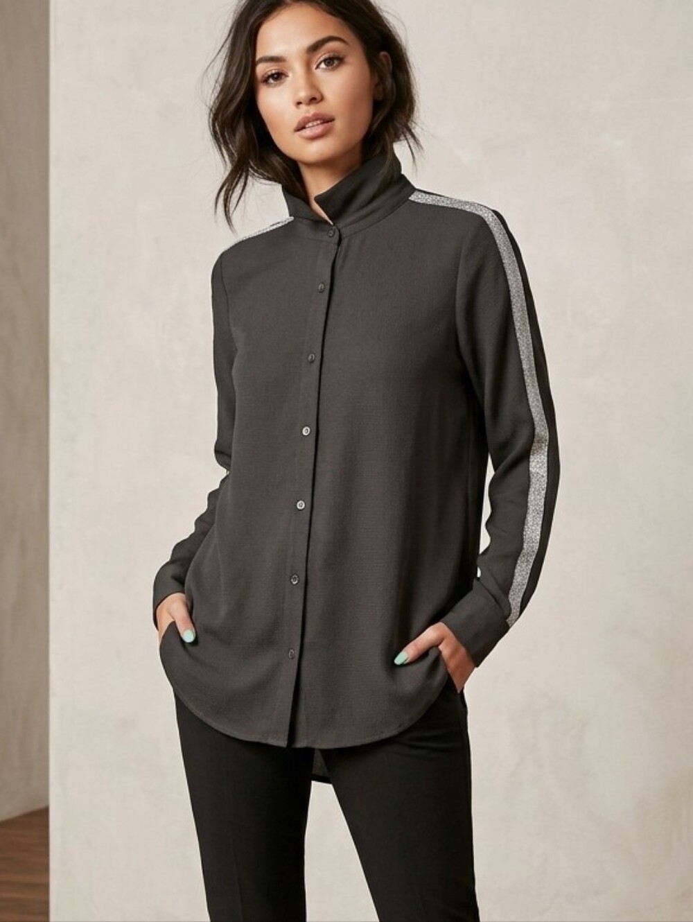 Forever 21 Button-Up Shirt with Silver Sleeve Stripes